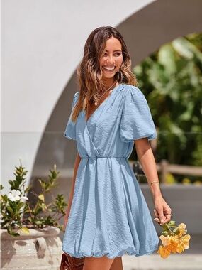 PRETTYGARDEN Sky Blue Puff Sleeve V-Neck Wrap Mini Dress Size S Great Condition